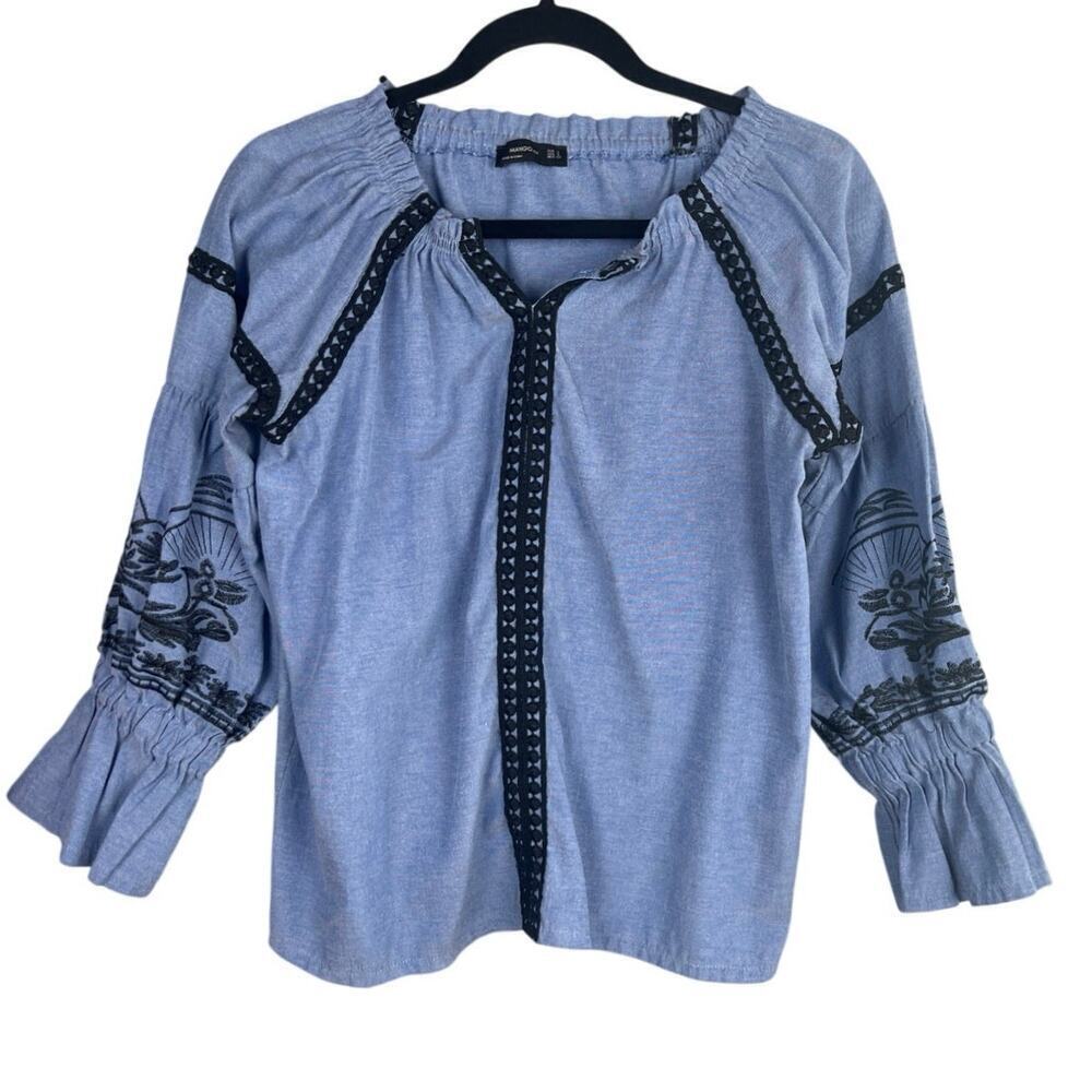 Mango Cotton Blend Embroidered Puff Sleeve Blouse Size S
